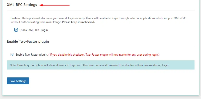  wp-2fa google authenticator- XML-RPC Settings features