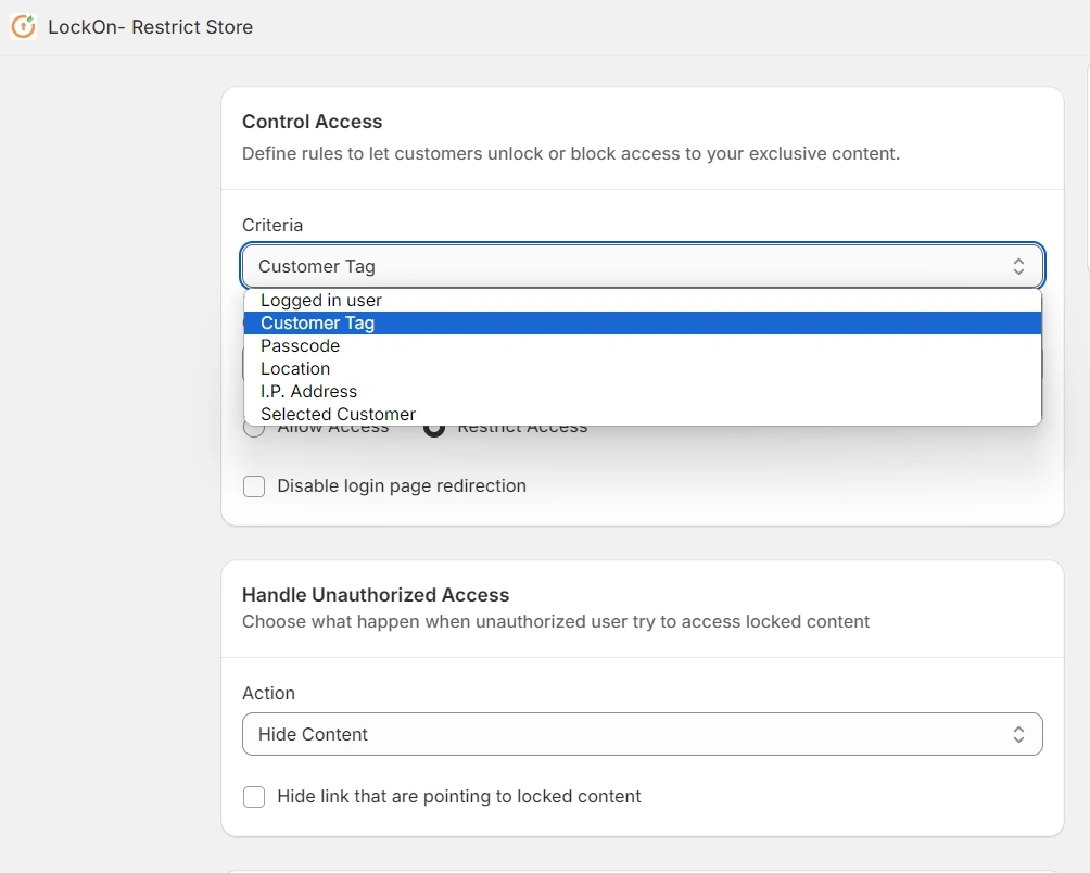 Shopify LockOn Restrict Store - Set Criteria